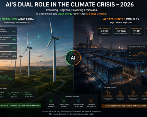 Split image showing AI-optimised wind farm on one side and a large data centre consuming power on the other — representing AI's complicated dual role in the climate crisis in 2026