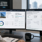 Featured image: Real estate professional reviewing AI-powered property valuation dashboard and automated lease analysis on dual screens — AI use case in real estate 2026