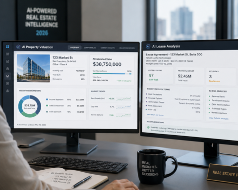 Featured image: Real estate professional reviewing AI-powered property valuation dashboard and automated lease analysis on dual screens — AI use case in real estate 2026