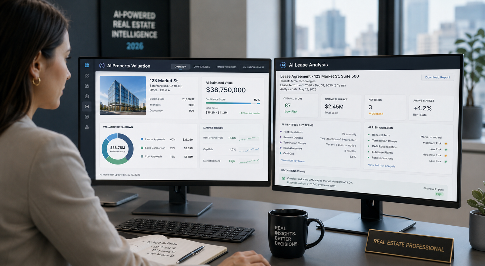 Featured image: Real estate professional reviewing AI-powered property valuation dashboard and automated lease analysis on dual screens — AI use case in real estate 2026