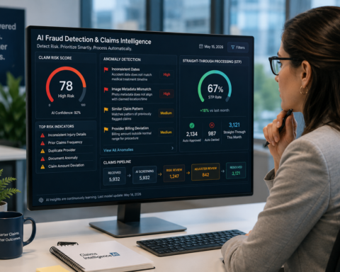 Featured Image: Insurance claims analyst reviewing AI fraud detection dashboard showing risk scores, anomaly flags, and automated straight-through processing metrics — AI use case in insurance 2026