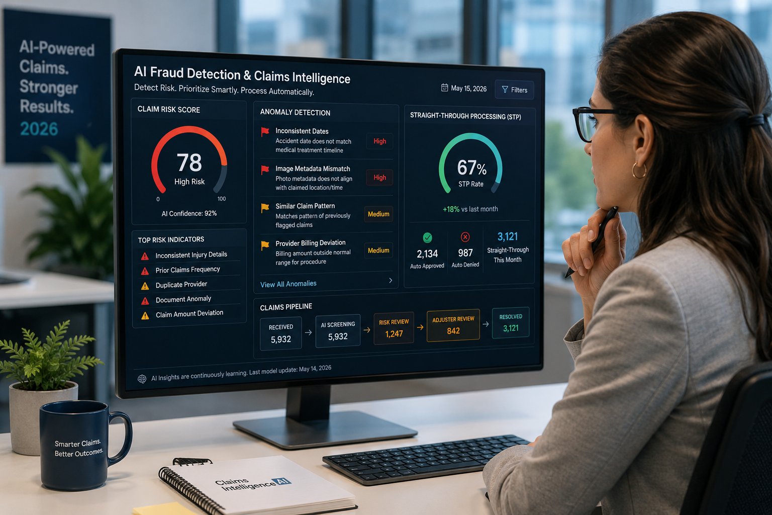 Featured Image: Insurance claims analyst reviewing AI fraud detection dashboard showing risk scores, anomaly flags, and automated straight-through processing metrics — AI use case in insurance 2026