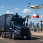 Autonomous Aurora truck operating on a Sun Belt highway alongside a Zipline drone making a delivery — representing the dual AI use cases in logistics and transportation in 2026