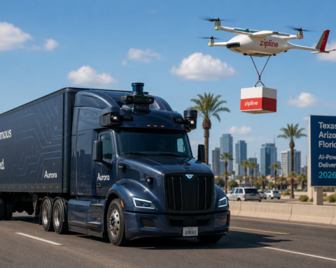 Autonomous Aurora truck operating on a Sun Belt highway alongside a Zipline drone making a delivery — representing the dual AI use cases in logistics and transportation in 2026