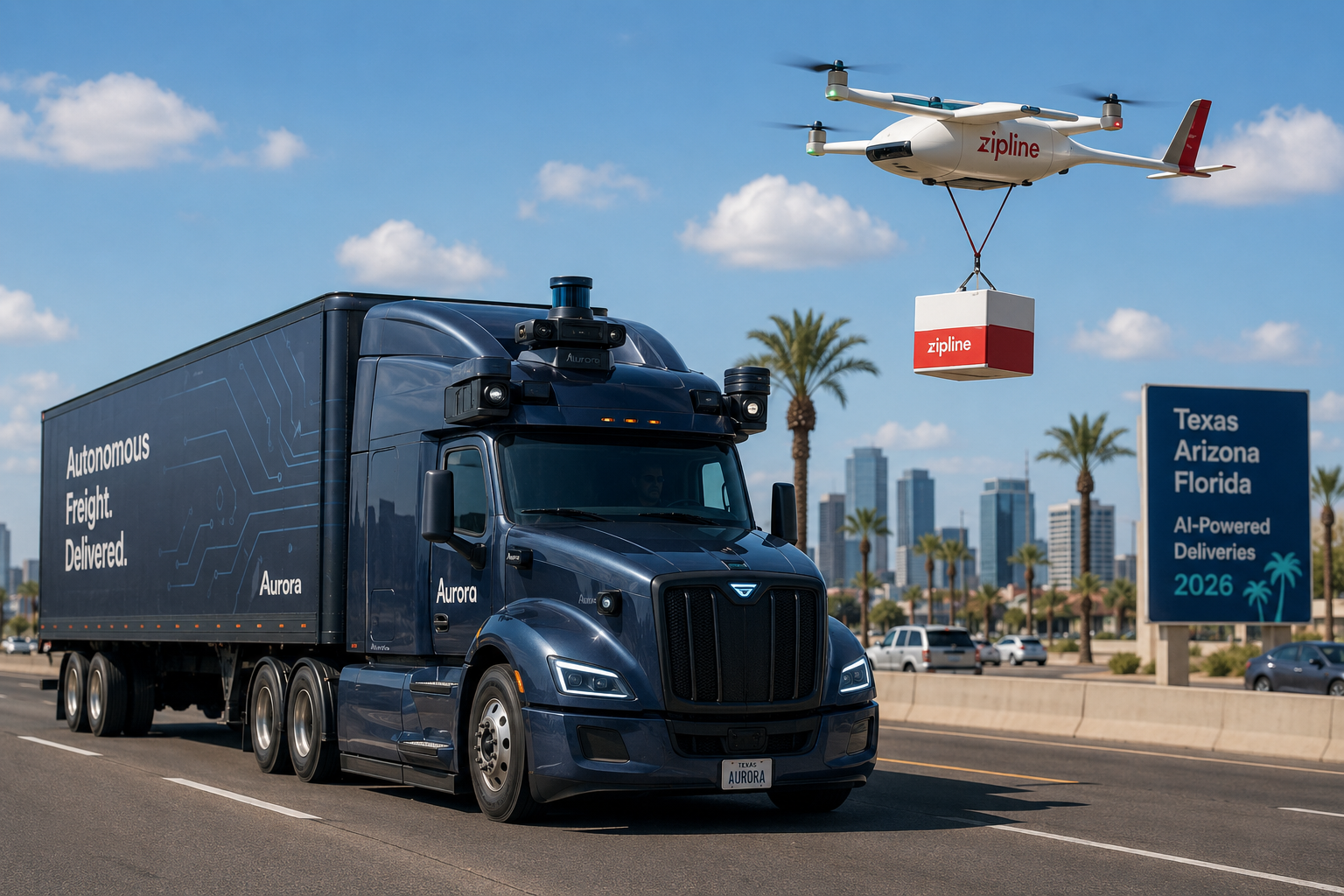 Autonomous Aurora truck operating on a Sun Belt highway alongside a Zipline drone making a delivery — representing the dual AI use cases in logistics and transportation in 2026