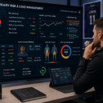 Sports performance analyst reviewing AI-powered injury risk dashboard and player load management data on large screen — AI use case in professional sports 2026