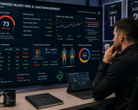 Sports performance analyst reviewing AI-powered injury risk dashboard and player load management data on large screen — AI use case in professional sports 2026