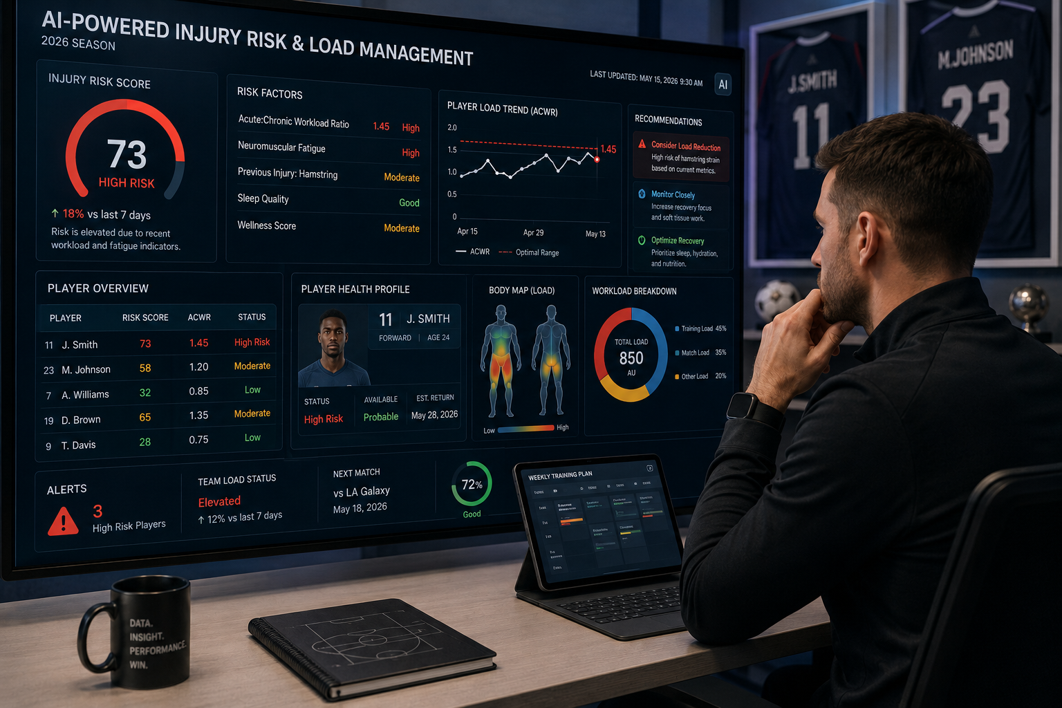 Sports performance analyst reviewing AI-powered injury risk dashboard and player load management data on large screen — AI use case in professional sports 2026