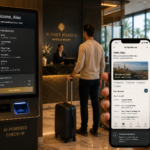 Hotel lobby with AI-powered check-in kiosk and personalised welcome screen showing guest preferences alongside a travel app showing AI itinerary planning — AI use case in travel and hospitality 2026