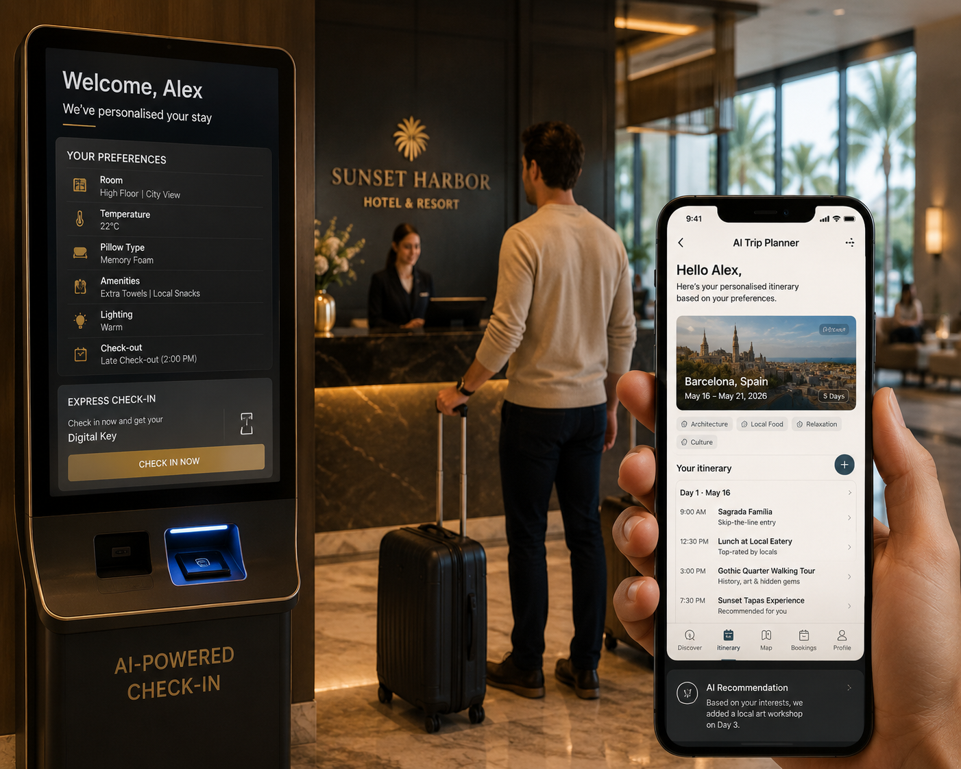 Hotel lobby with AI-powered check-in kiosk and personalised welcome screen showing guest preferences alongside a travel app showing AI itinerary planning — AI use case in travel and hospitality 2026