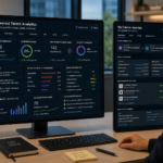 HR professional reviewing AI-powered talent analytics dashboard alongside an employee career development interface — AI use case in human resources in 2026