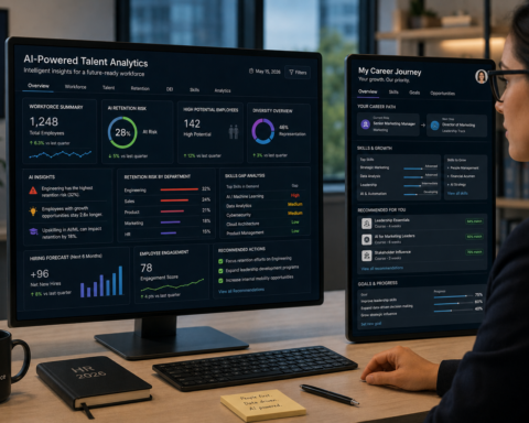 HR professional reviewing AI-powered talent analytics dashboard alongside an employee career development interface — AI use case in human resources in 2026