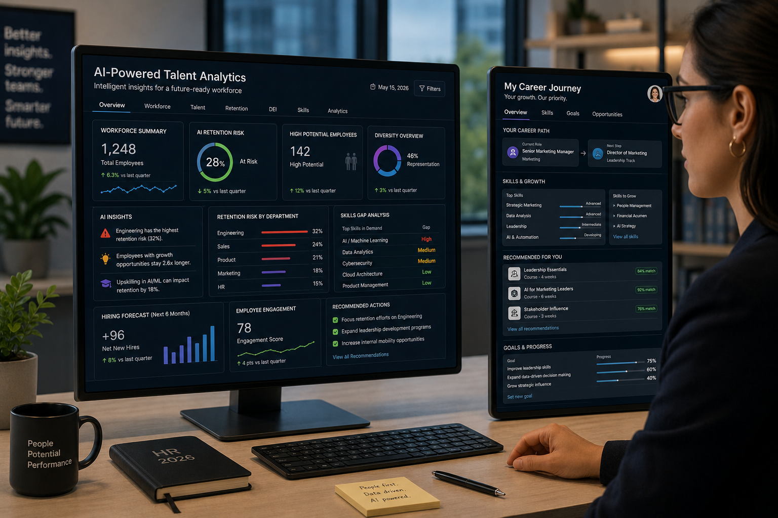 HR professional reviewing AI-powered talent analytics dashboard alongside an employee career development interface — AI use case in human resources in 2026