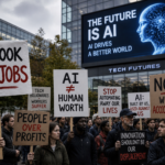 Protest signs outside a tech building reflecting public concerns about AI job displacement — editorial illustration representing growing public distrust of AI in 2026