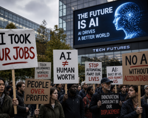 Protest signs outside a tech building reflecting public concerns about AI job displacement — editorial illustration representing growing public distrust of AI in 2026