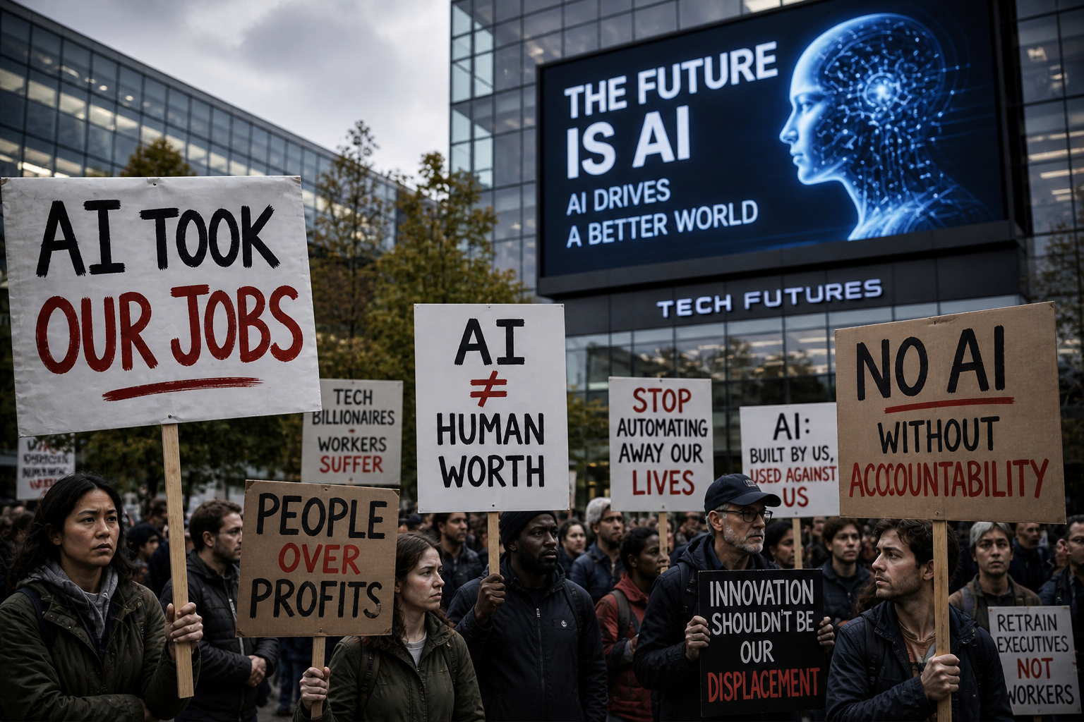 Protest signs outside a tech building reflecting public concerns about AI job displacement — editorial illustration representing growing public distrust of AI in 2026