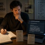 Writer sitting at a desk with both a notebook and a laptop open — representing the tension between traditional writing craft and AI-assisted content creation