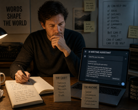 Writer sitting at a desk with both a notebook and a laptop open — representing the tension between traditional writing craft and AI-assisted content creation
