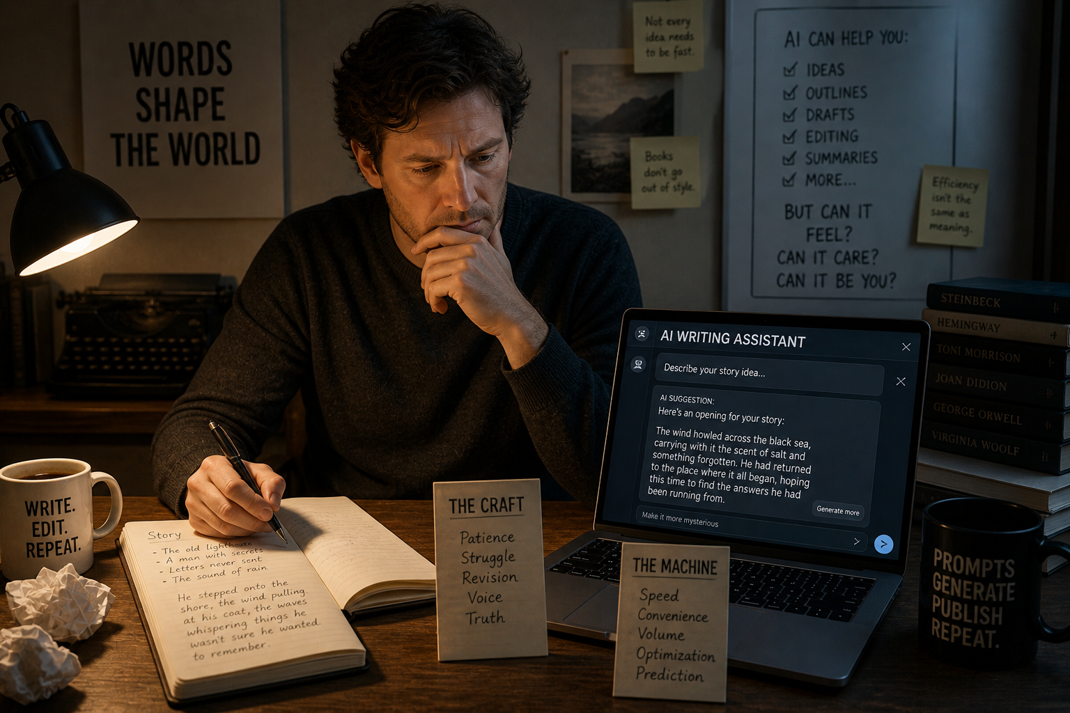 Writer sitting at a desk with both a notebook and a laptop open — representing the tension between traditional writing craft and AI-assisted content creation