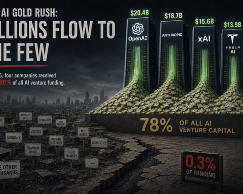 Wealth concentration graphic showing four AI companies receiving the vast majority of billions in venture capital funding — editorial illustration for AI power concentration opinion piece