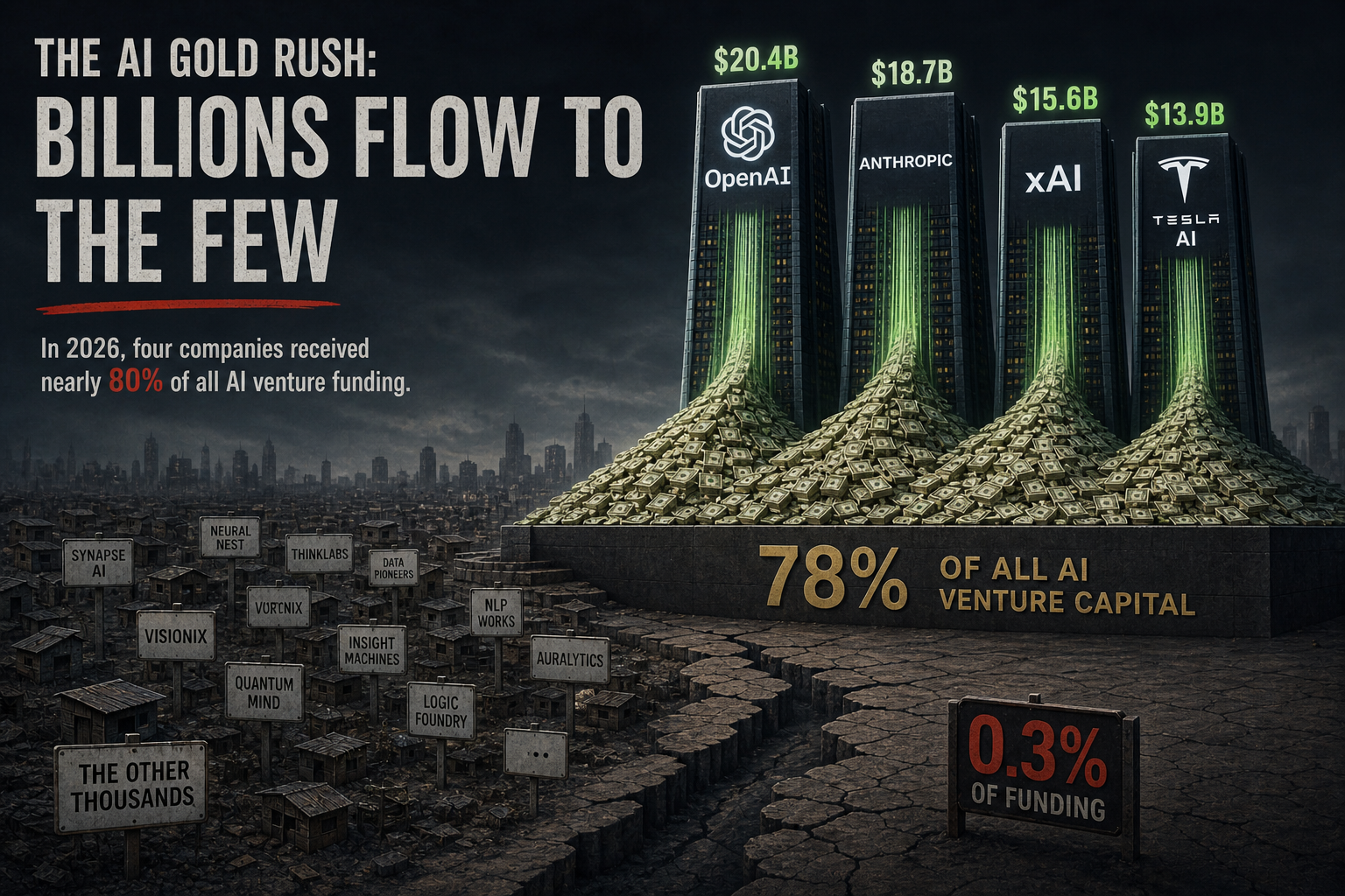 Wealth concentration graphic showing four AI companies receiving the vast majority of billions in venture capital funding — editorial illustration for AI power concentration opinion piece