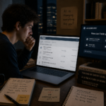 Young professional looking at job listings on a laptop while an AI interface is visible on another screen — representing the complex relationship between AI and entry-level employment in 2026
