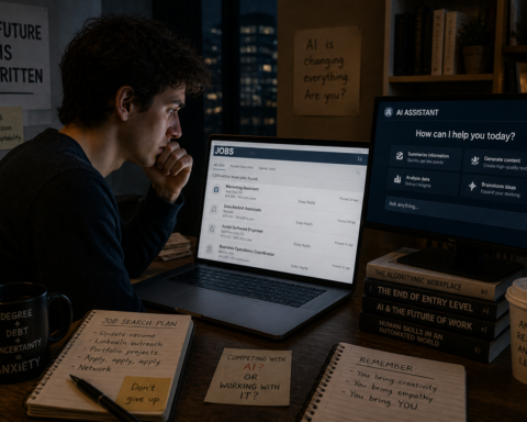Young professional looking at job listings on a laptop while an AI interface is visible on another screen — representing the complex relationship between AI and entry-level employment in 2026
