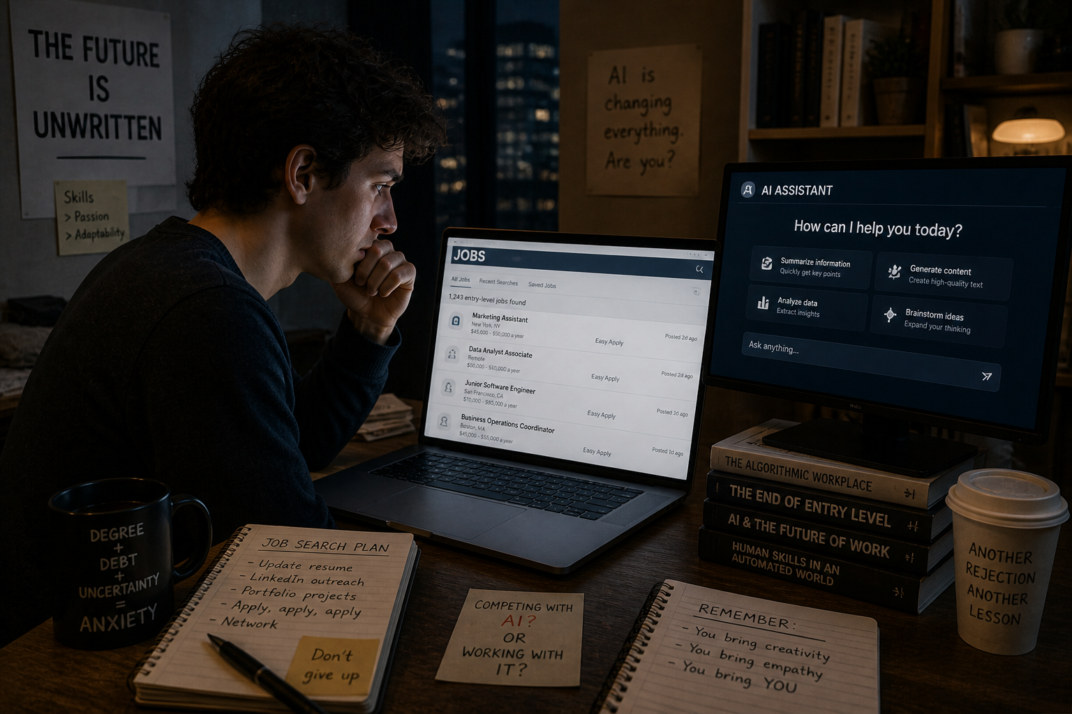 Young professional looking at job listings on a laptop while an AI interface is visible on another screen — representing the complex relationship between AI and entry-level employment in 2026