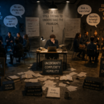 Two groups of people in separate discussion circles, with a researcher working alone in the middle — editorial illustration representing the bifurcated AI safety debate in 2026