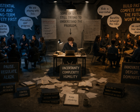 Two groups of people in separate discussion circles, with a researcher working alone in the middle — editorial illustration representing the bifurcated AI safety debate in 2026