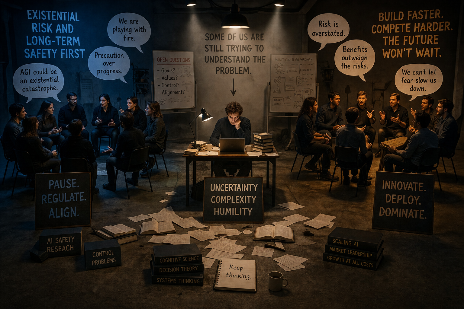 Two groups of people in separate discussion circles, with a researcher working alone in the middle — editorial illustration representing the bifurcated AI safety debate in 2026