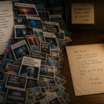Overflowing inbox of articles and images next to a single handwritten letter — editorial illustration representing the flood of AI-generated content versus rare authentic human creative work