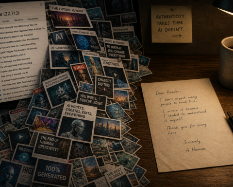 Overflowing inbox of articles and images next to a single handwritten letter — editorial illustration representing the flood of AI-generated content versus rare authentic human creative work