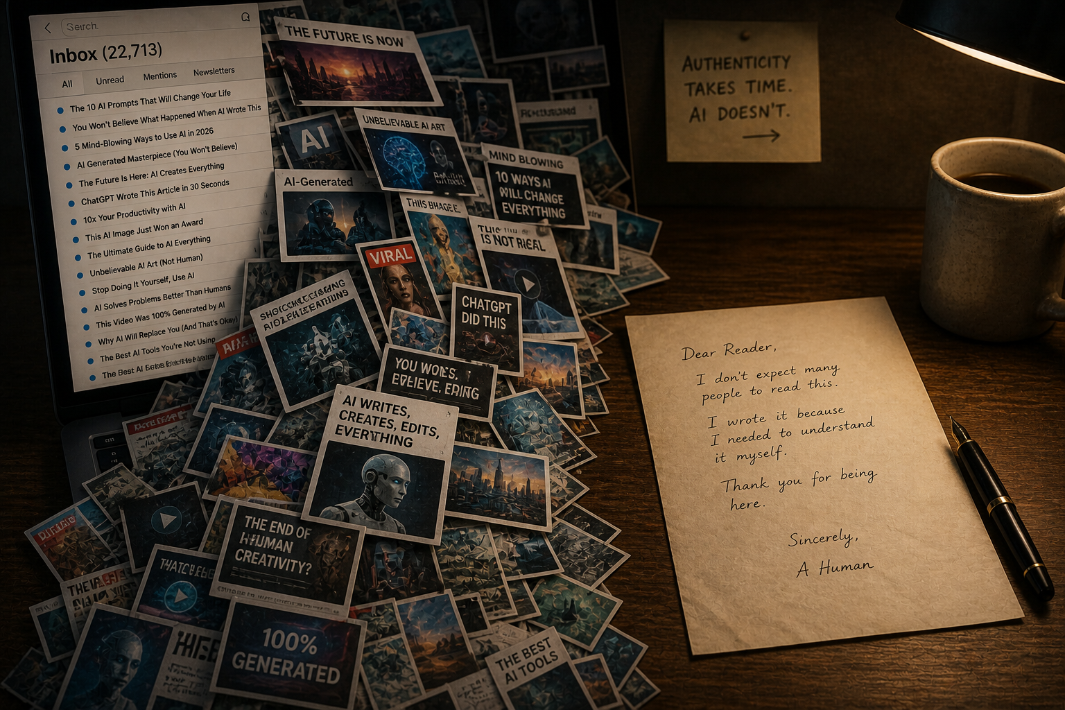 Overflowing inbox of articles and images next to a single handwritten letter — editorial illustration representing the flood of AI-generated content versus rare authentic human creative work