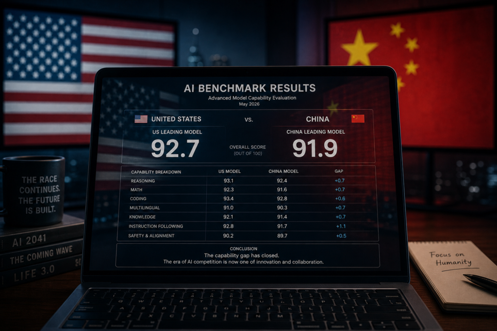 US and China flags reflected in a computer screen displaying AI benchmark scores showing near-equal performance — editorial illustration representing the closing US-China AI capability gap