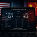 US and China flags reflected in a computer screen displaying AI benchmark scores showing near-equal performance — editorial illustration representing the closing US-China AI capability gap