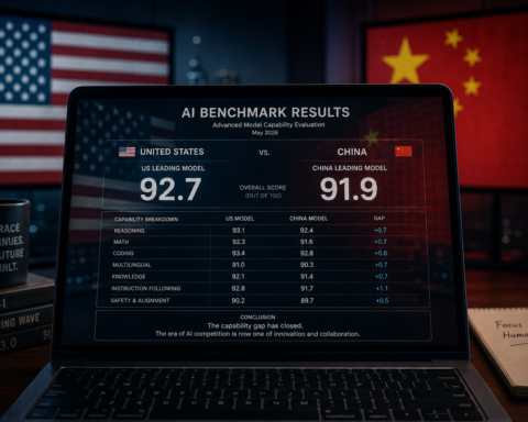 US and China flags reflected in a computer screen displaying AI benchmark scores showing near-equal performance — editorial illustration representing the closing US-China AI capability gap