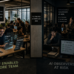 Split office environment showing engaged employees using AI tools on one side and anxious employees watching on the other — representing the emerging two-tier AI workplace divide in 2026