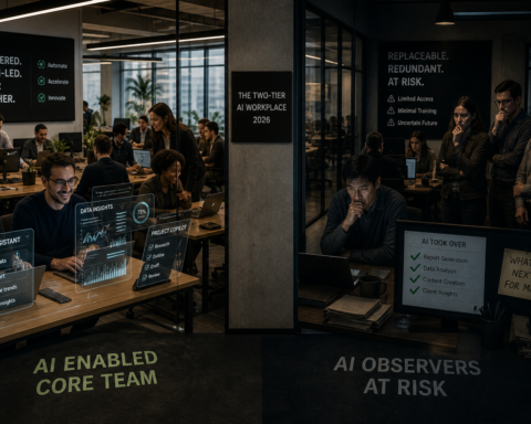 Split office environment showing engaged employees using AI tools on one side and anxious employees watching on the other — representing the emerging two-tier AI workplace divide in 2026