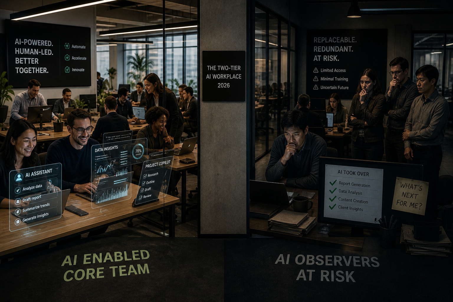 Split office environment showing engaged employees using AI tools on one side and anxious employees watching on the other — representing the emerging two-tier AI workplace divide in 2026