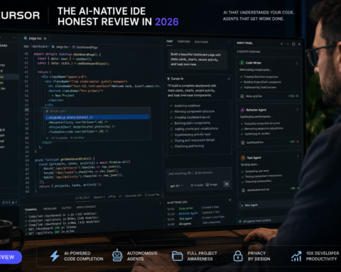 Developer working in the Cursor AI IDE with multiple agent windows open, showing code completion and autonomous agent task panel — honest review of Cursor in 2026