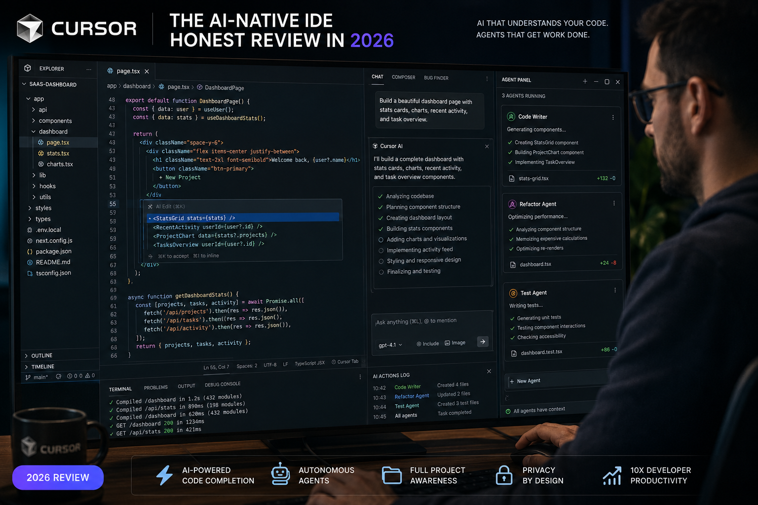 Developer working in the Cursor AI IDE with multiple agent windows open, showing code completion and autonomous agent task panel — honest review of Cursor in 2026