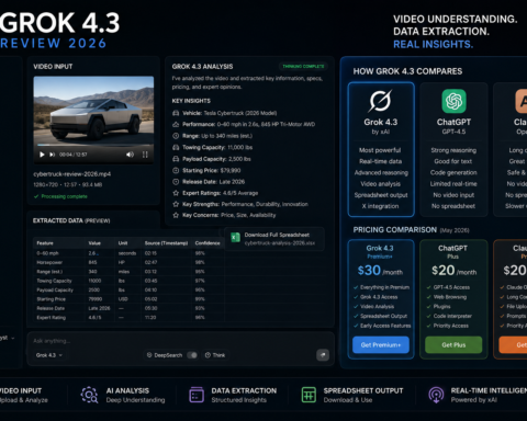 Grok AI interface showing video input analysis and downloadable spreadsheet output alongside pricing comparison with ChatGPT and Claude — xAI Grok 4.3 review 2026