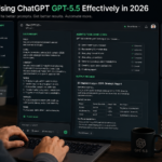 Person typing a structured prompt into ChatGPT GPT-5.5 interface with agentic task completion visible on screen — tutorial for using GPT-5.5 effectively in 2026