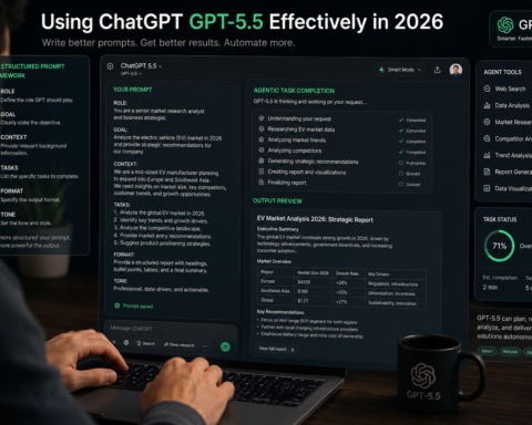 Person typing a structured prompt into ChatGPT GPT-5.5 interface with agentic task completion visible on screen — tutorial for using GPT-5.5 effectively in 2026