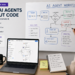Non-technical professional mapping out an AI agent workflow on a whiteboard before building in a no-code platform — practical beginner guide to building AI agents in 2026