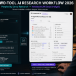 Researcher using Perplexity Deep Research to generate a cited report, then uploading it to NotebookLM for analysis alongside their own documents — the two-tool AI research workflow 2026