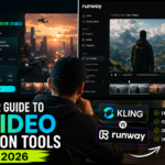 FEATURED IMAGE: Content creator working on an AI video project using Kling and Runway interfaces on a split screen — beginner guide to AI video creation tools in 2026