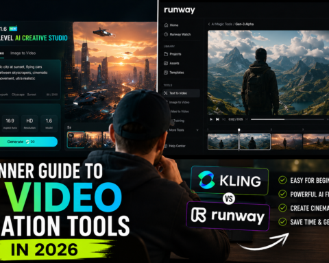 FEATURED IMAGE: Content creator working on an AI video project using Kling and Runway interfaces on a split screen — beginner guide to AI video creation tools in 2026