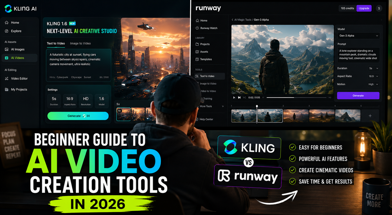 FEATURED IMAGE: Content creator working on an AI video project using Kling and Runway interfaces on a split screen — beginner guide to AI video creation tools in 2026